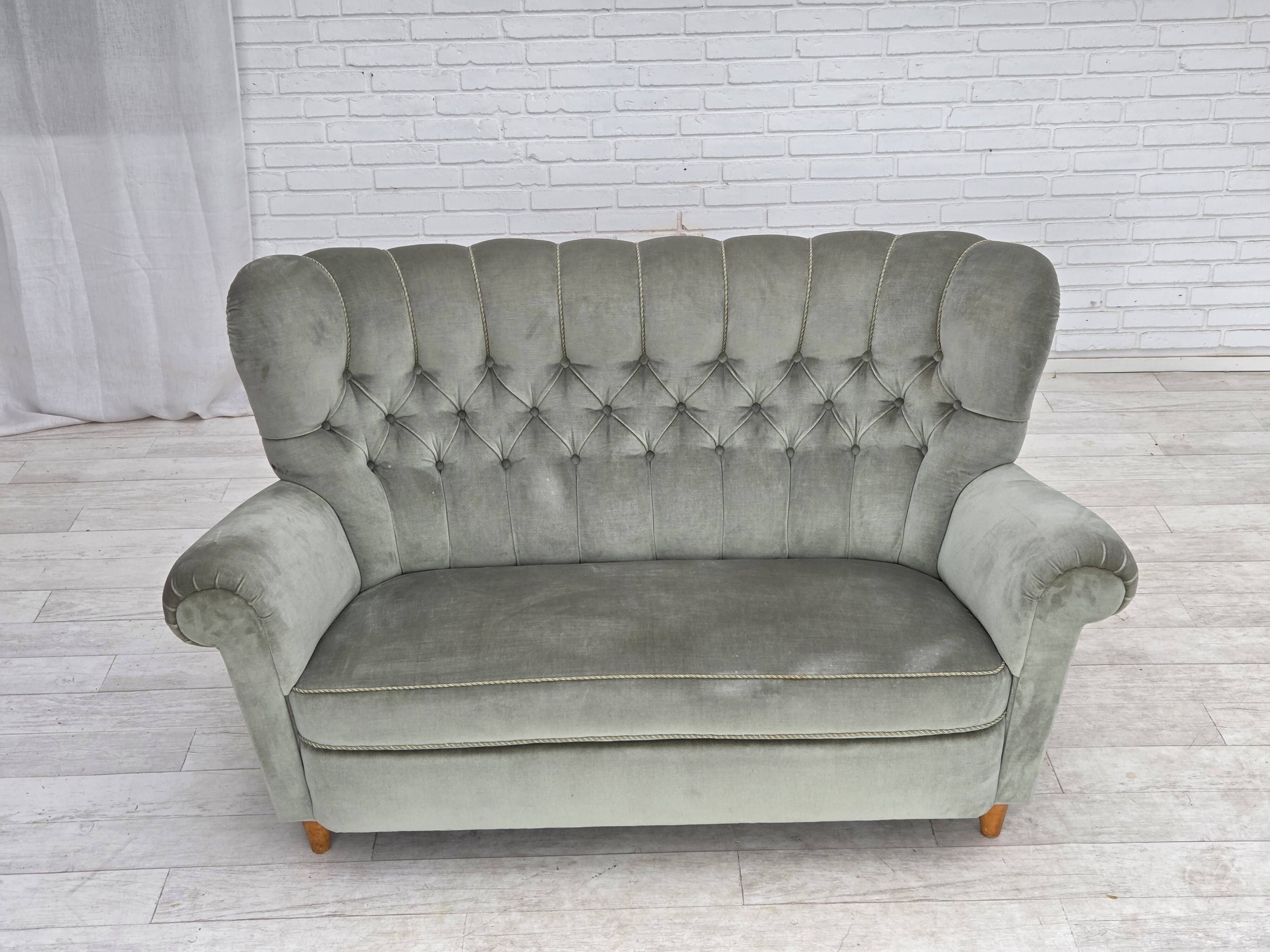 1960s, Danish 2-seater sofa. light green furniture velour.