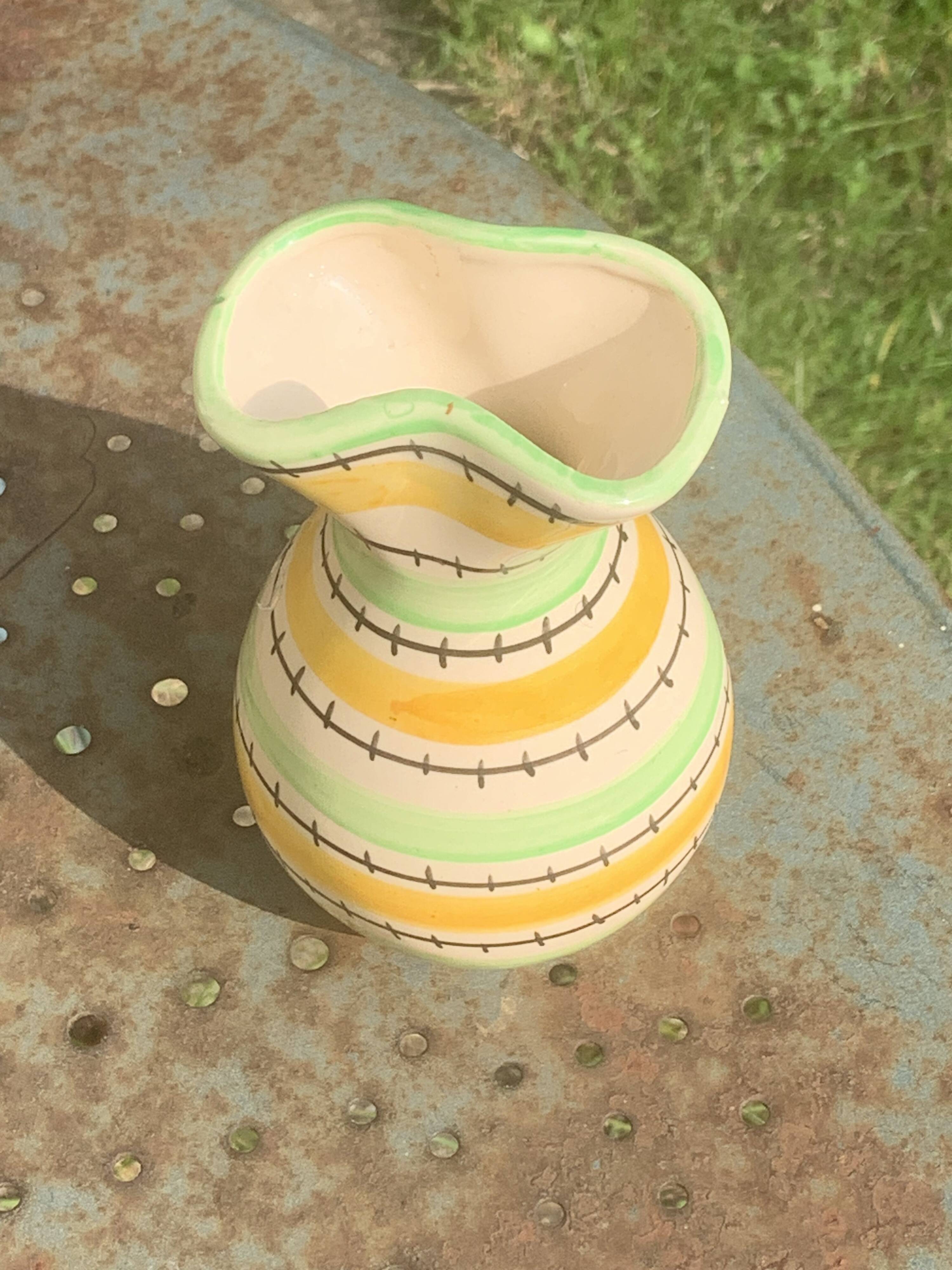 Green and yellow glazed ceramic vase, vintage pattern and design 1950/60