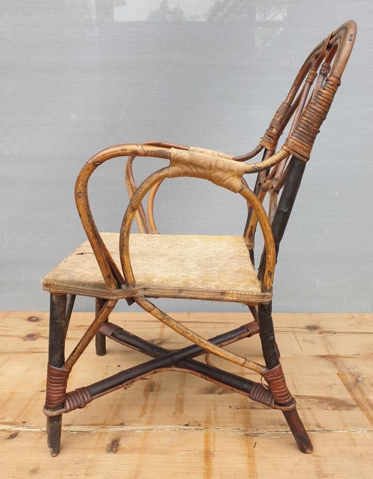 Children's armchair 1890 Chestnut, Rattan and damask velvet