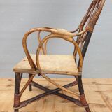 Fauteuil enfant 1890 châtaigner, rotin et velours damassé