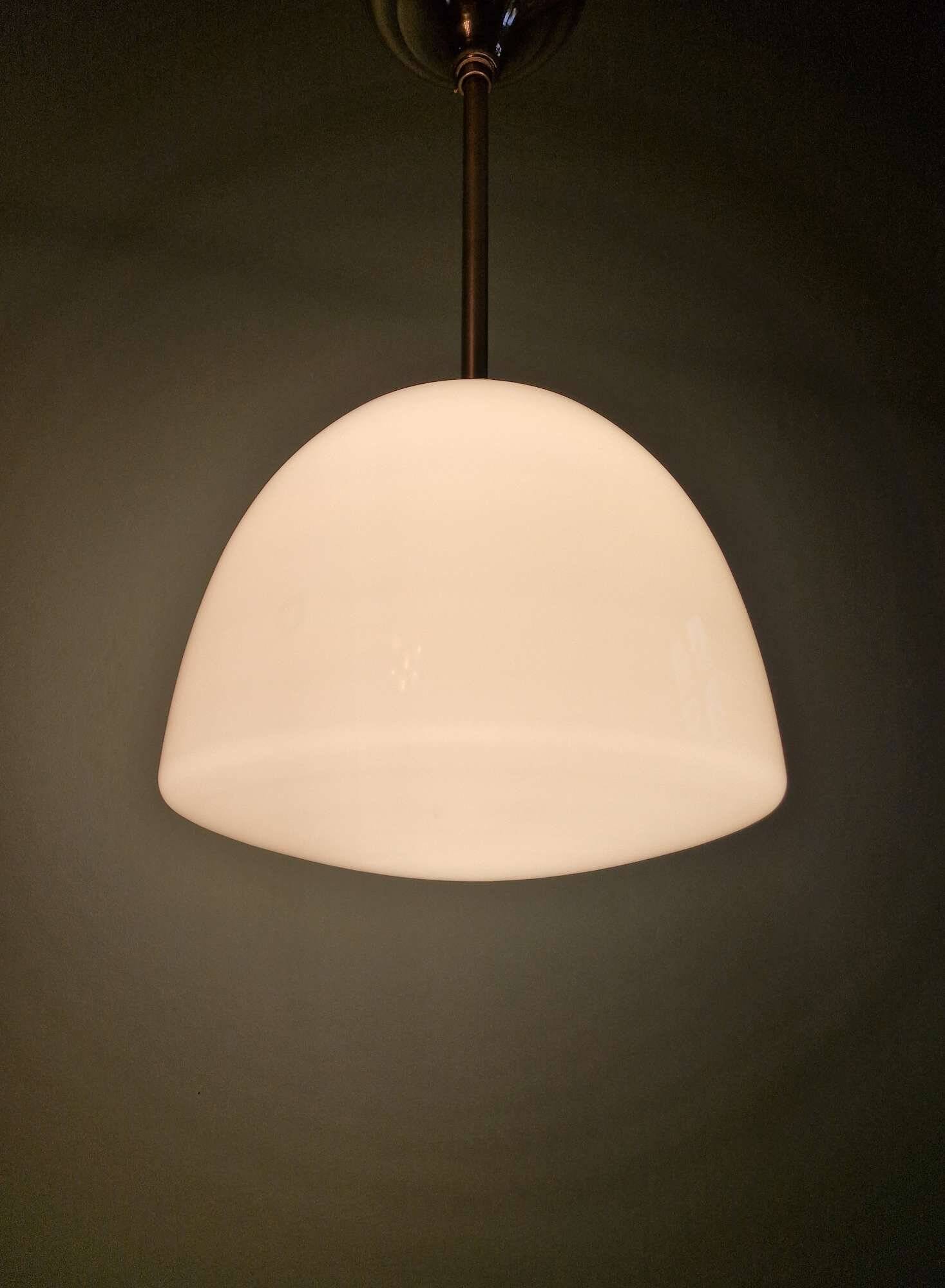 Art Deco pendant light in white opaline glass with chrome frame, 1920-30