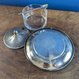 Antique silver-plated metal and glass sugar bowl with spoon