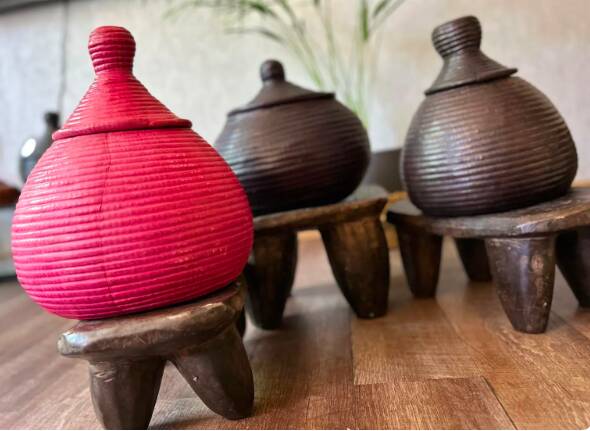 Red leather and wicker Tuareg basket