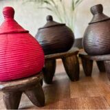 Red leather and wicker Tuareg basket