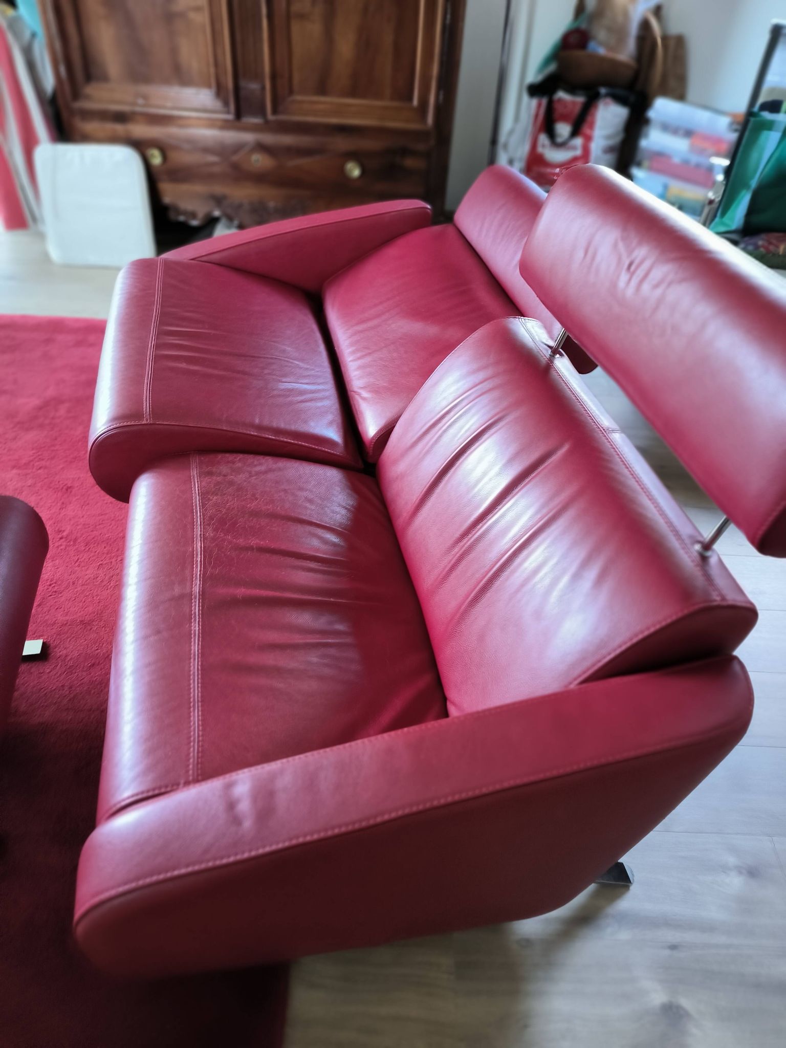 2-seater sofa & pouffe, Steiner Faubourg red leather