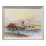 Watercolor painting "animated Orientalist landscape" B signed (to decipher) + frame