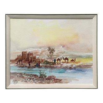 Watercolor painting "animated Orientalist landscape" B signed (to decipher) + frame