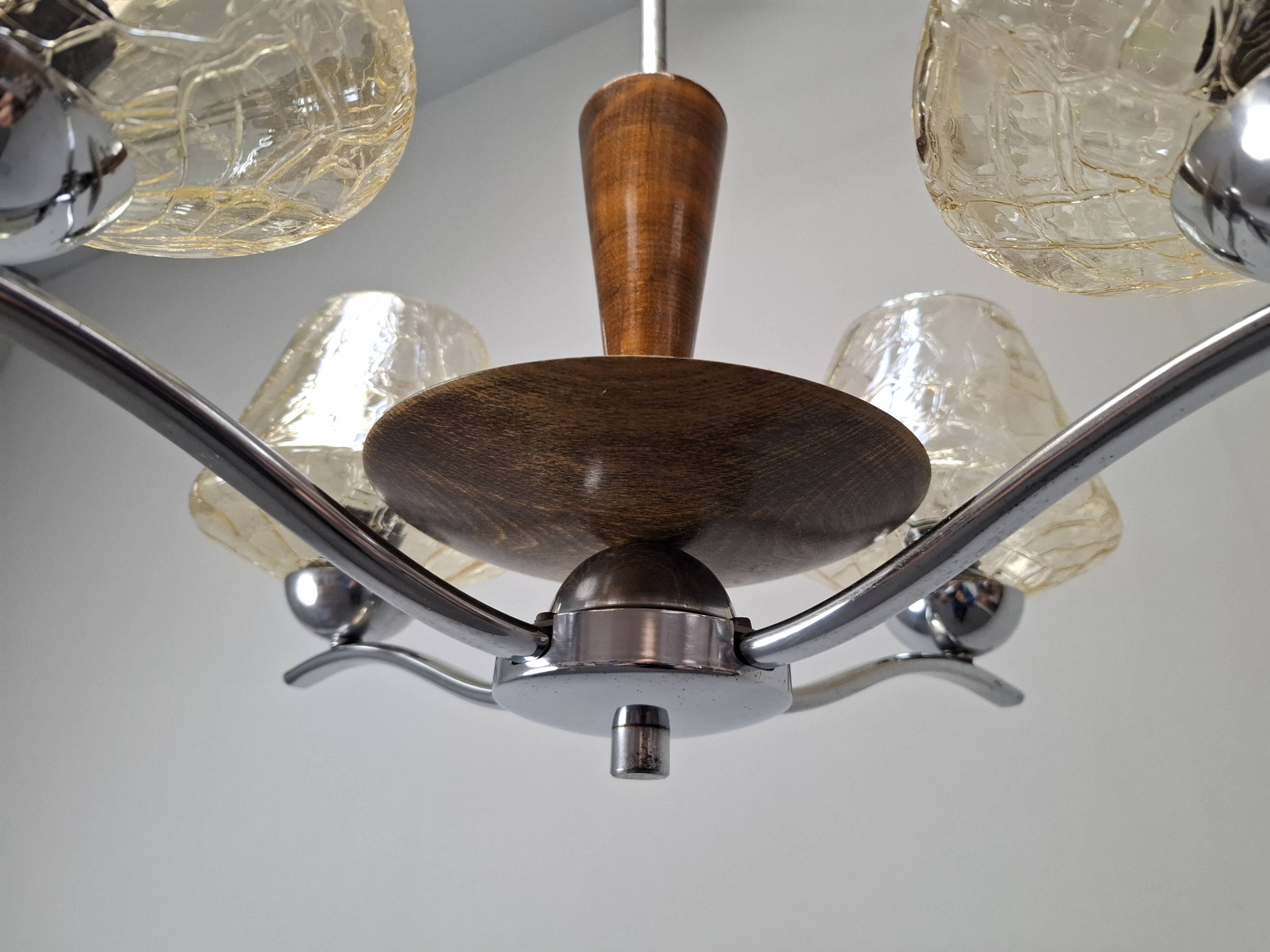 1960s Napako Mid-Century Modern Czech Four-Arm Glass Wood Chrome Chandelier