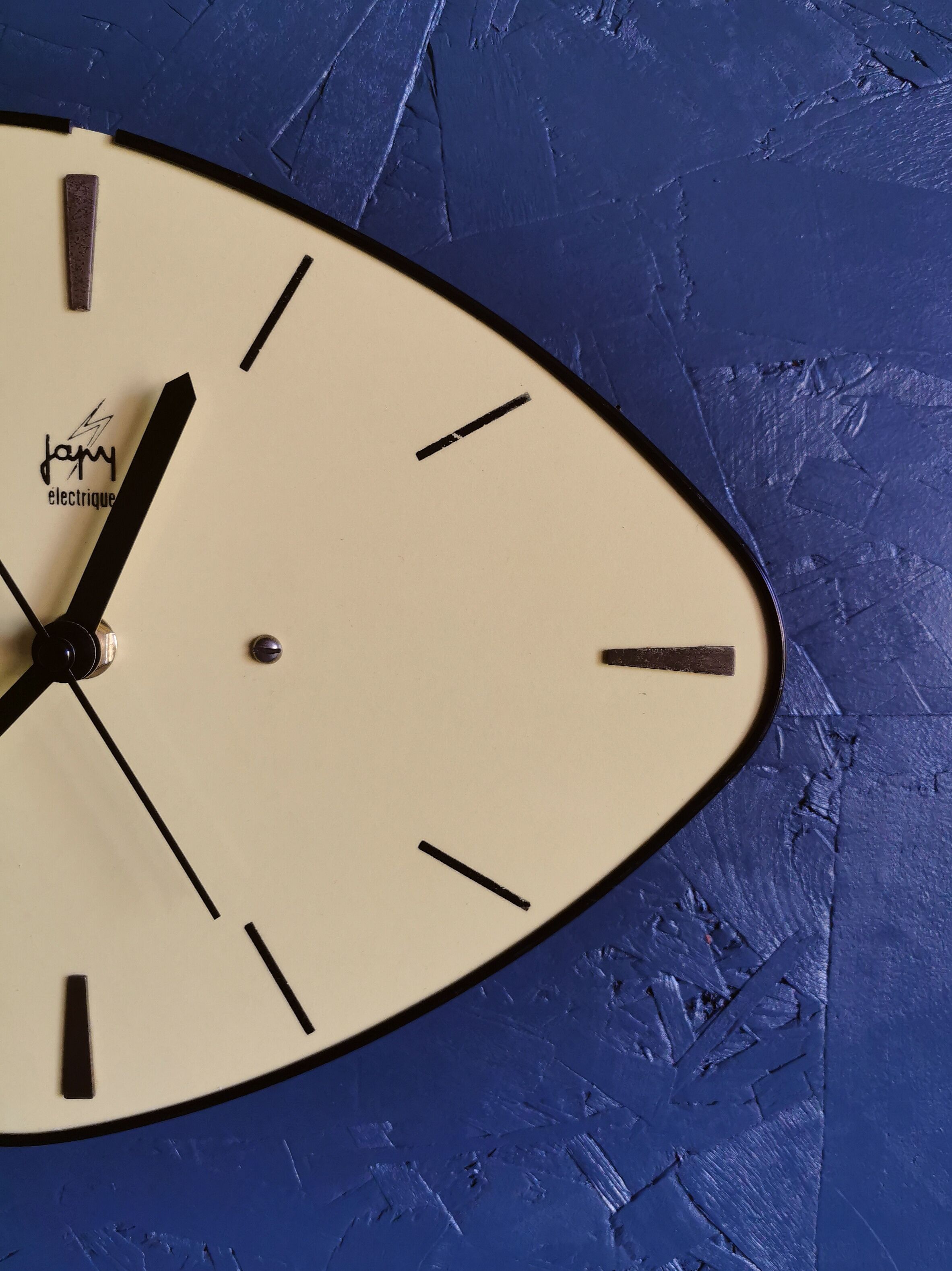 Vintage formica clock asymmetrical silent wall clock "Japy electric yellow"