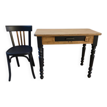 Farm table, office and Baumann bistro chair.