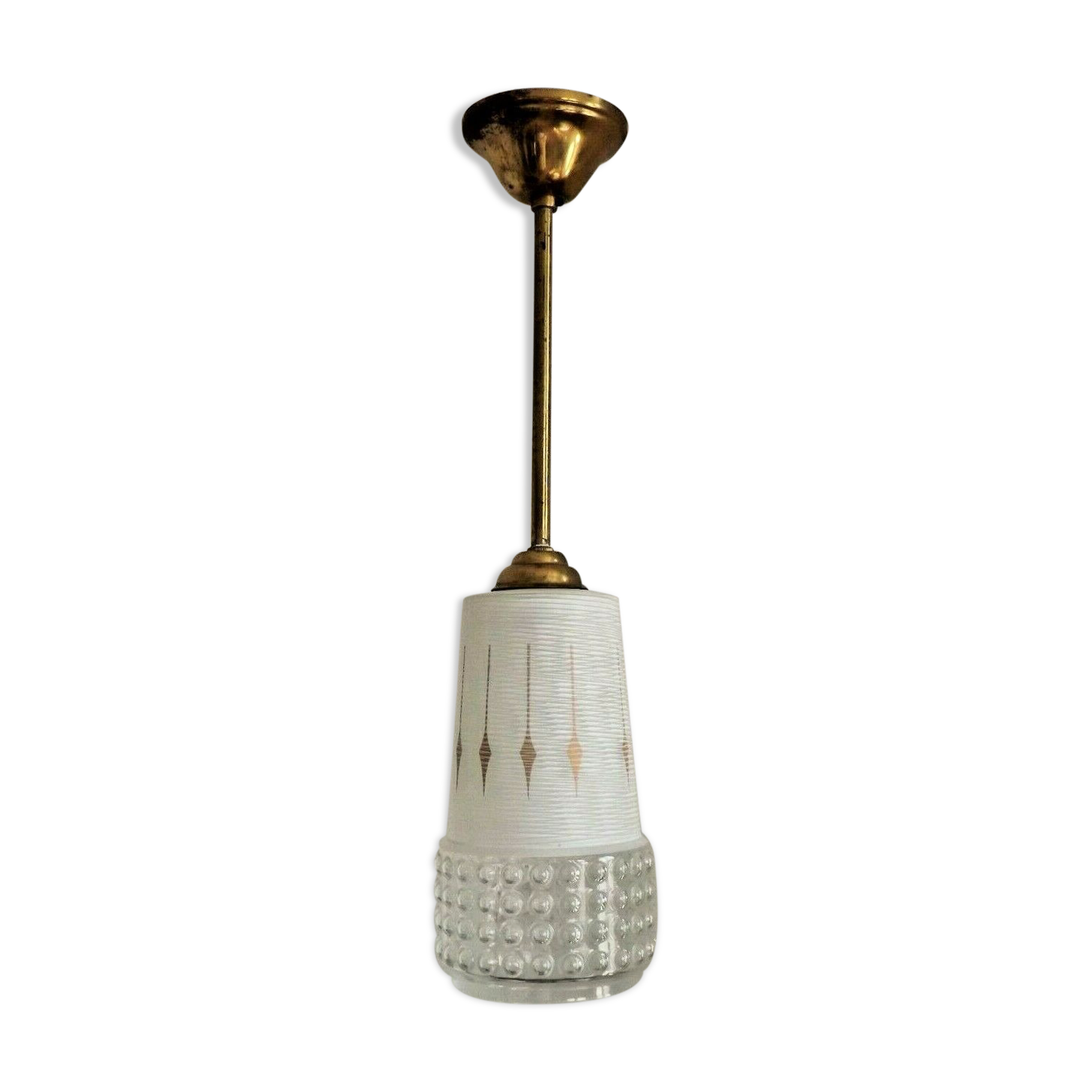 French vintage retro white & clear glass shade & gold metal ceiling light 3599