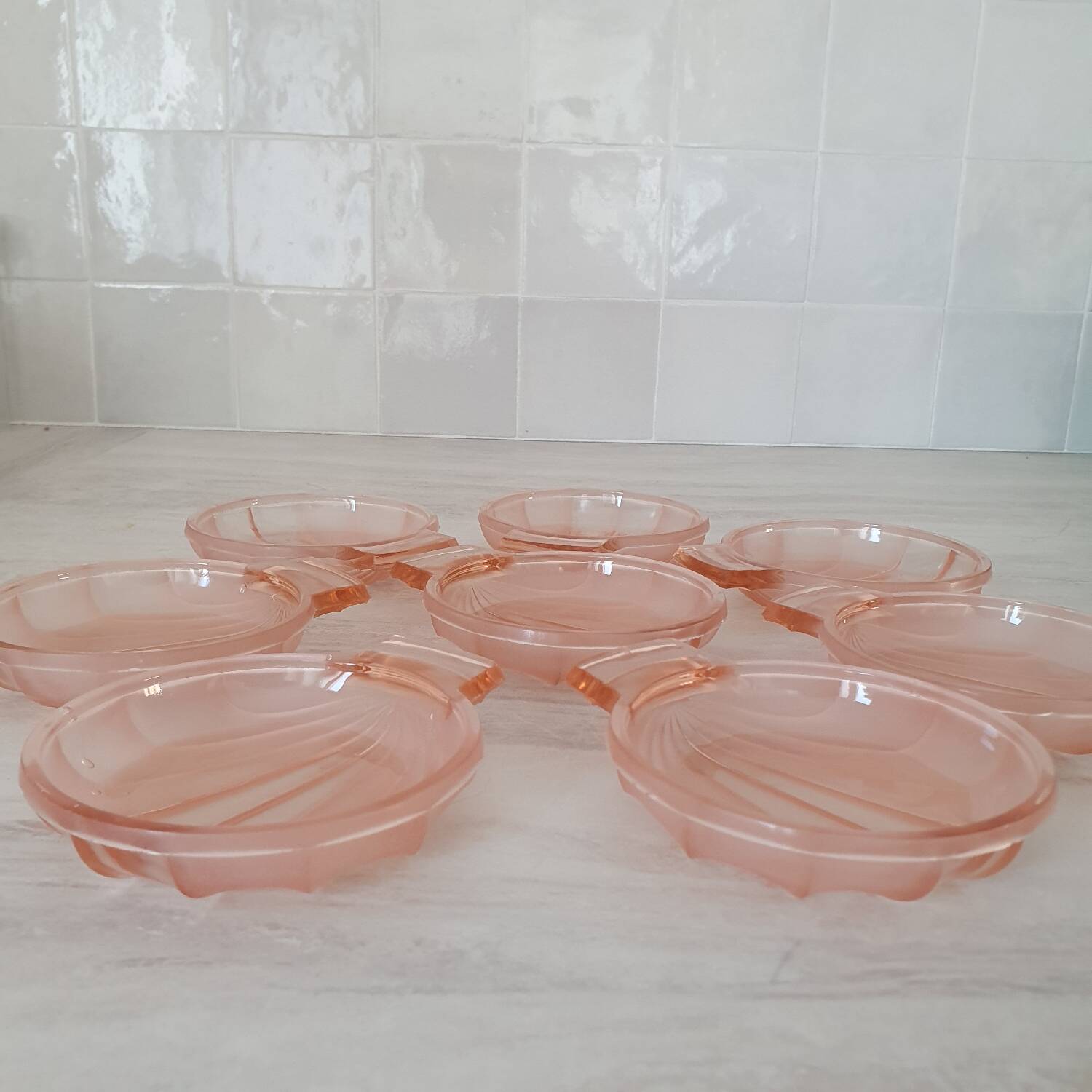8 pink glass scallop shell bowls