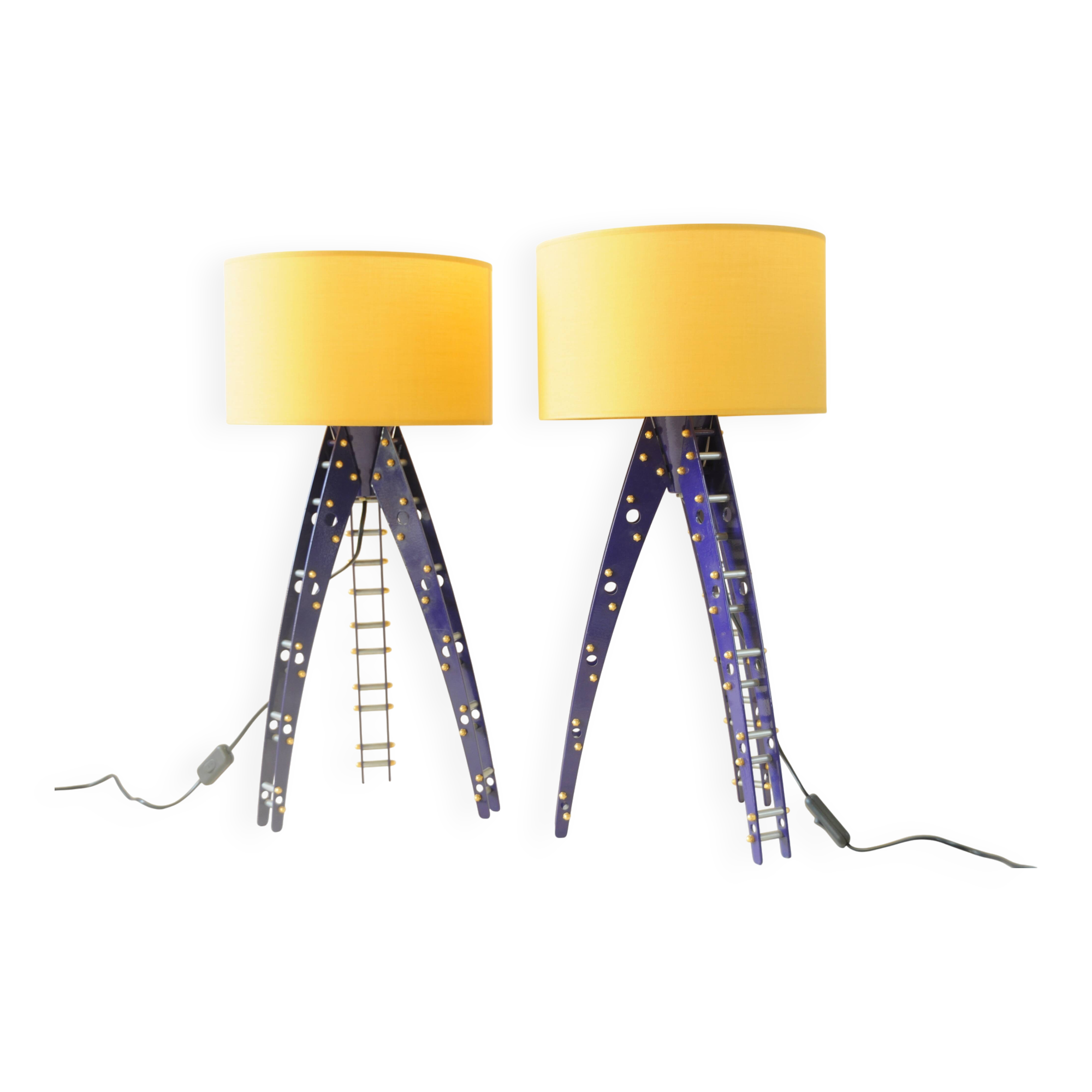 Pair of blue industrial design lamps with yellow shades - Space Age Rocket