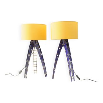 Pair of blue industrial design lamps with yellow shades - Space Age Rocket