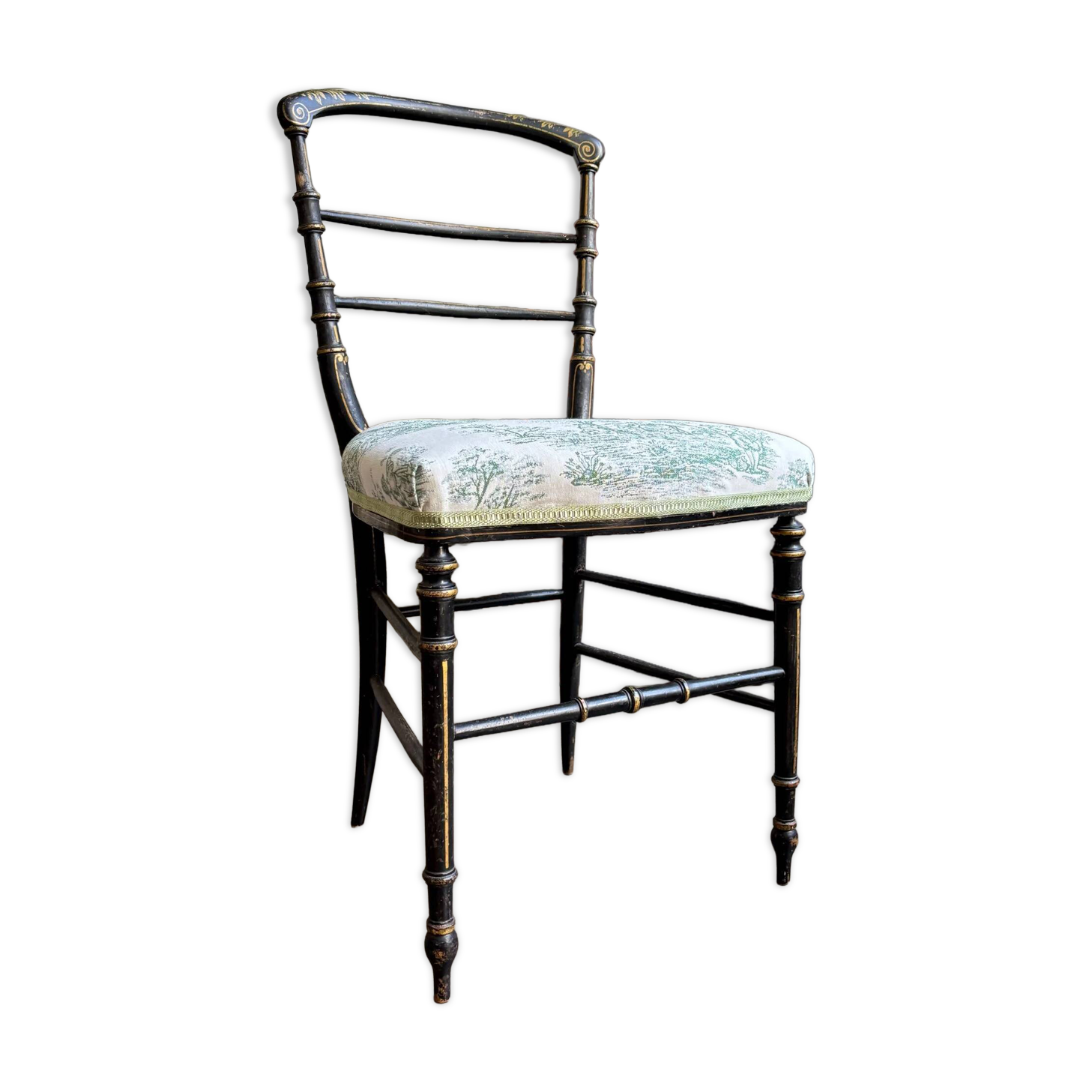 Napoleon III chair in blackened wood and green toile de Jouy.