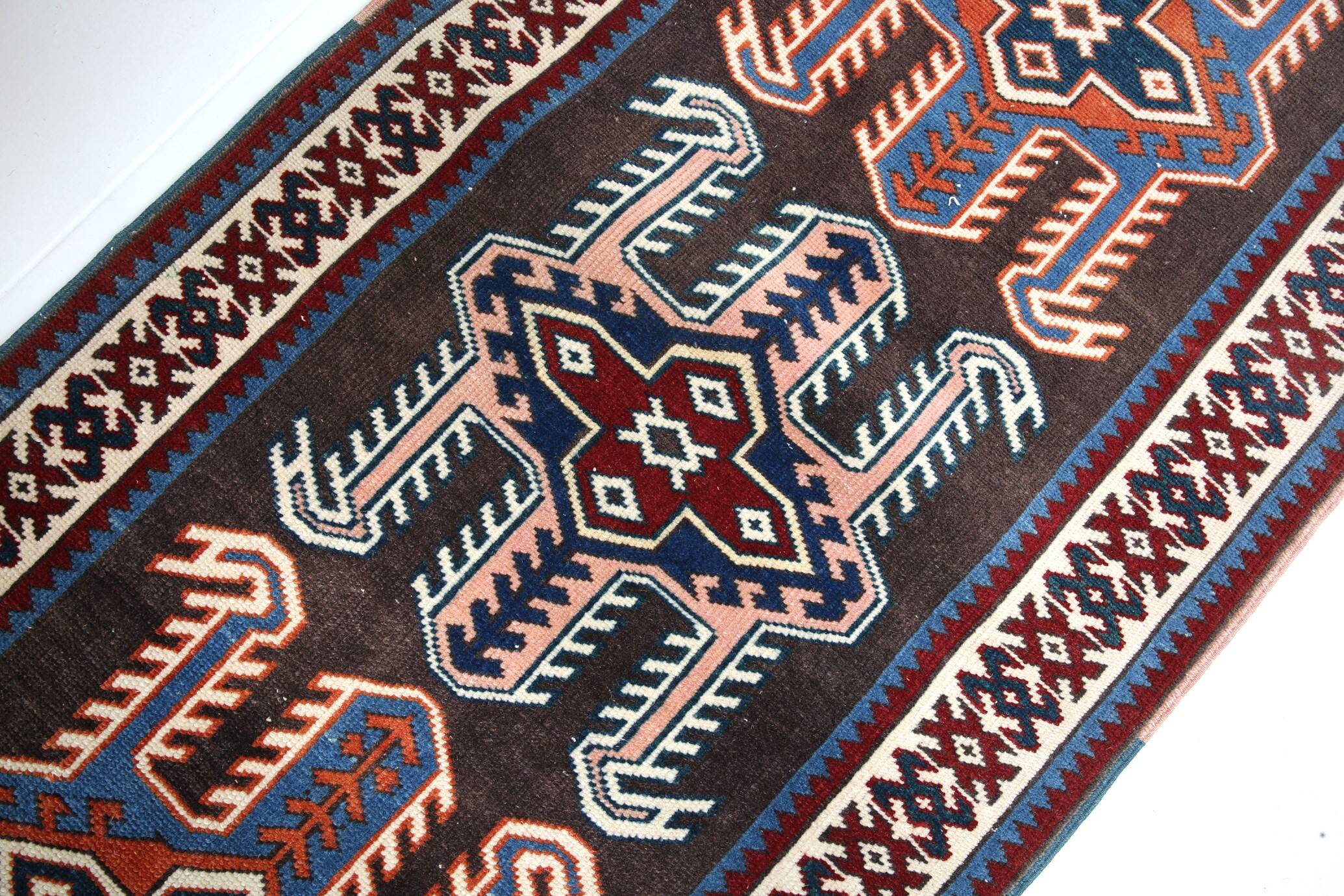 Pink & Blue Long Turkish Vintage Runner Rug, 80x398Cm