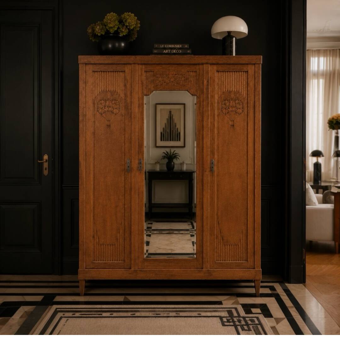 Art deco wardrobe in raw oak with bevelled mirror.