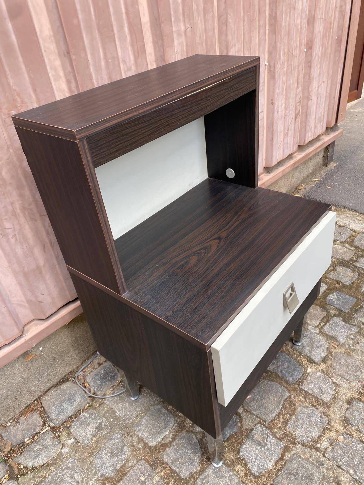Vintage 70s bedside table with integrated lighting & chrome legs Space Age 1