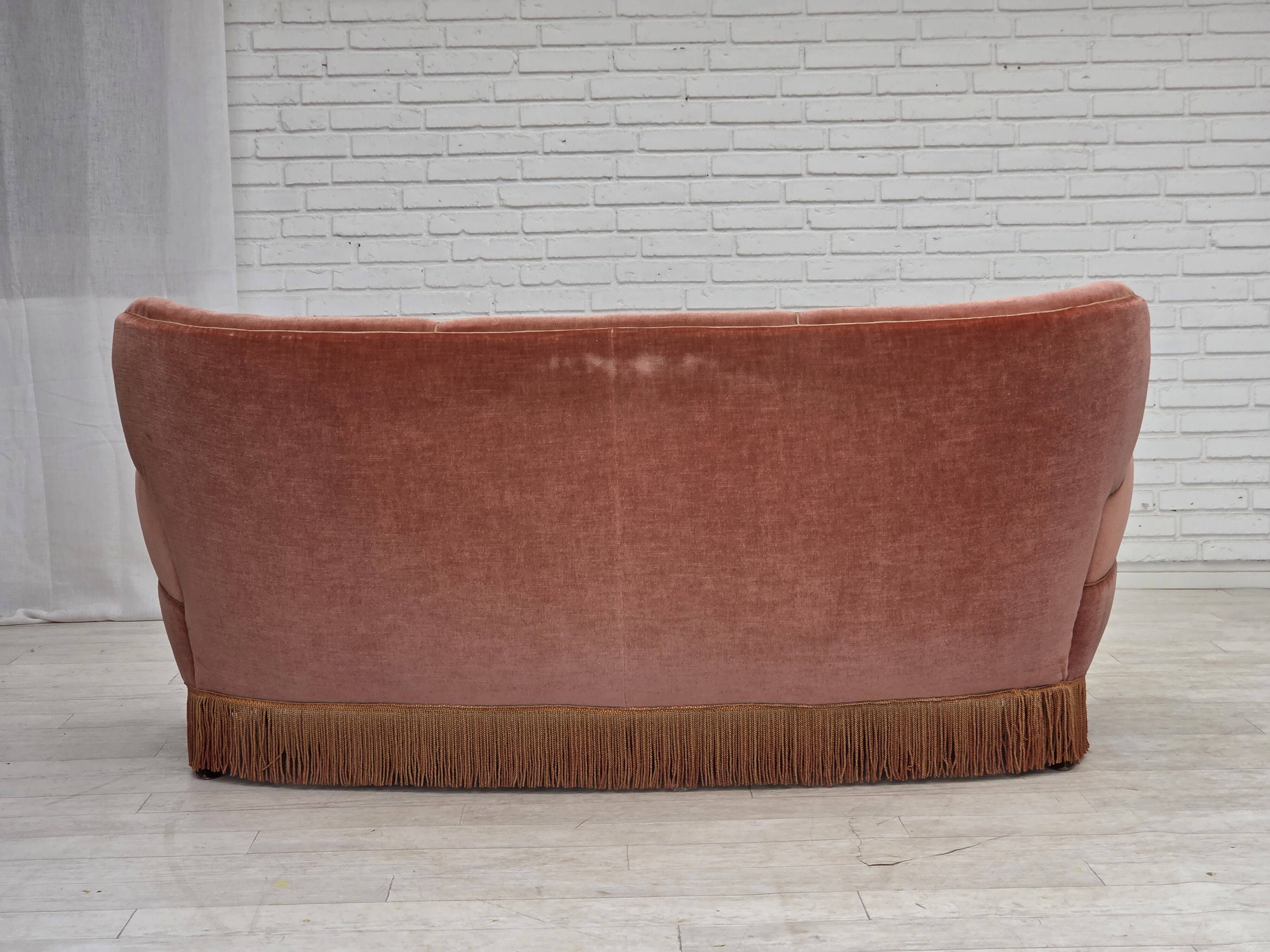 1970s, 3-seater Danish curved sofa, pink furniture velour.