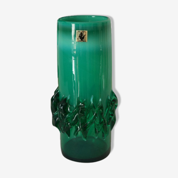 Vase en verre soufflé vert vintage, Pologne