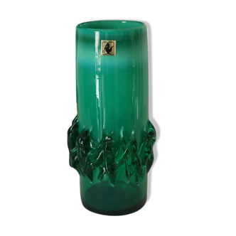 Vase en verre soufflé vert vintage, Pologne