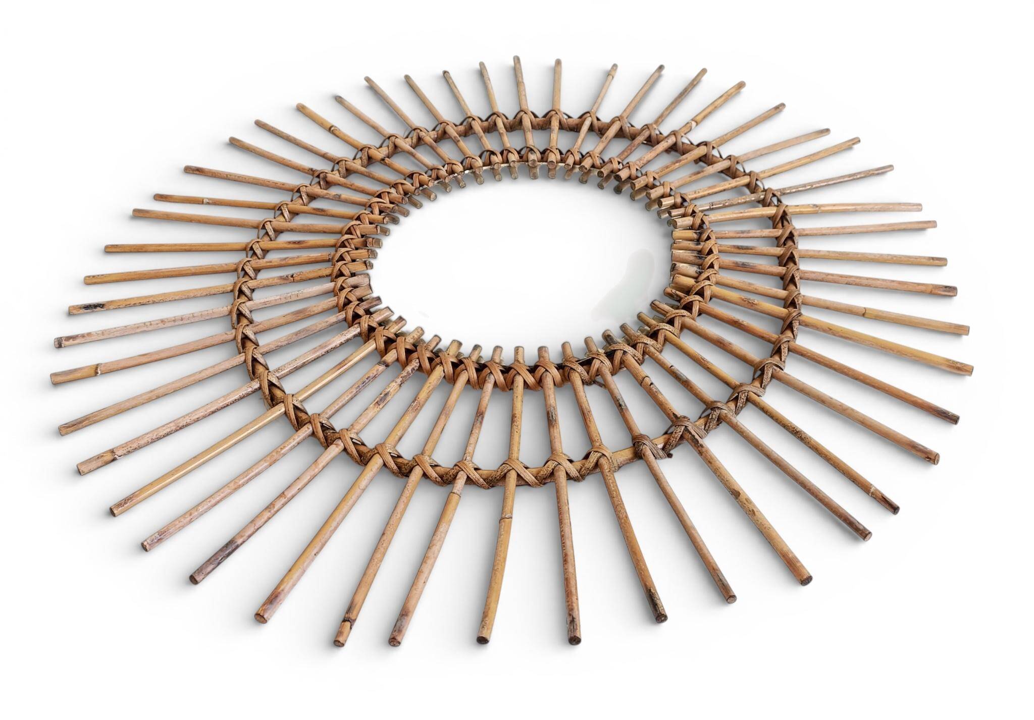 Mid Century Organic Modern Bamboo & Rattan Sunburst Patinated Mirror, 1960s
