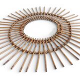 Mid Century Organic Modern Bamboo & Rattan Sunburst Patinated Mirror, 1960s