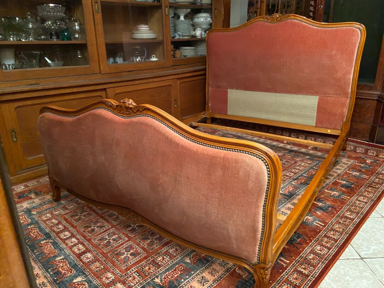 Bed in cherry wood blond carved velvet pink style Louis XV for sleeping 190x140