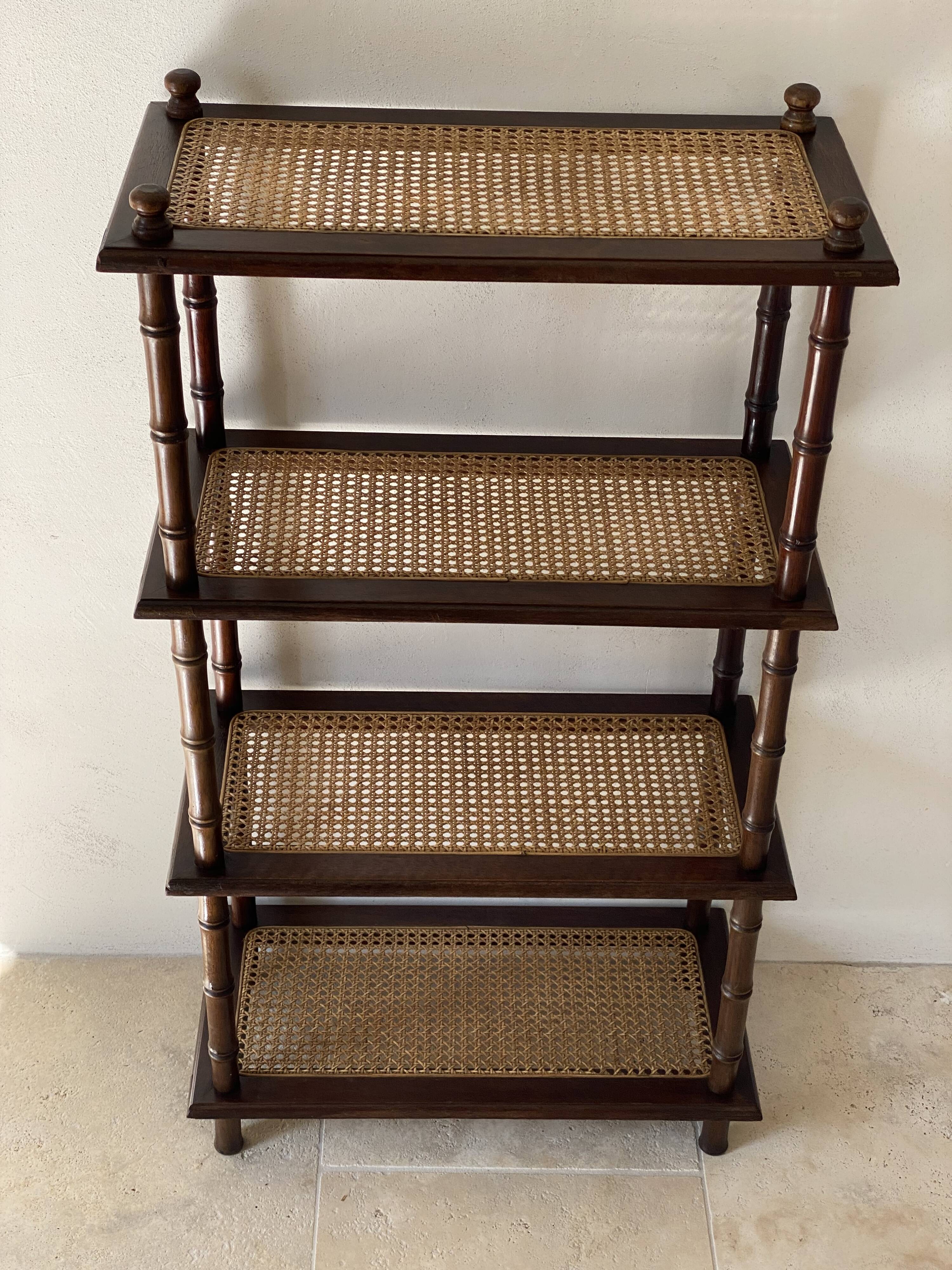 Vintage wooden shelf with cane, colonial style, 4 levels.