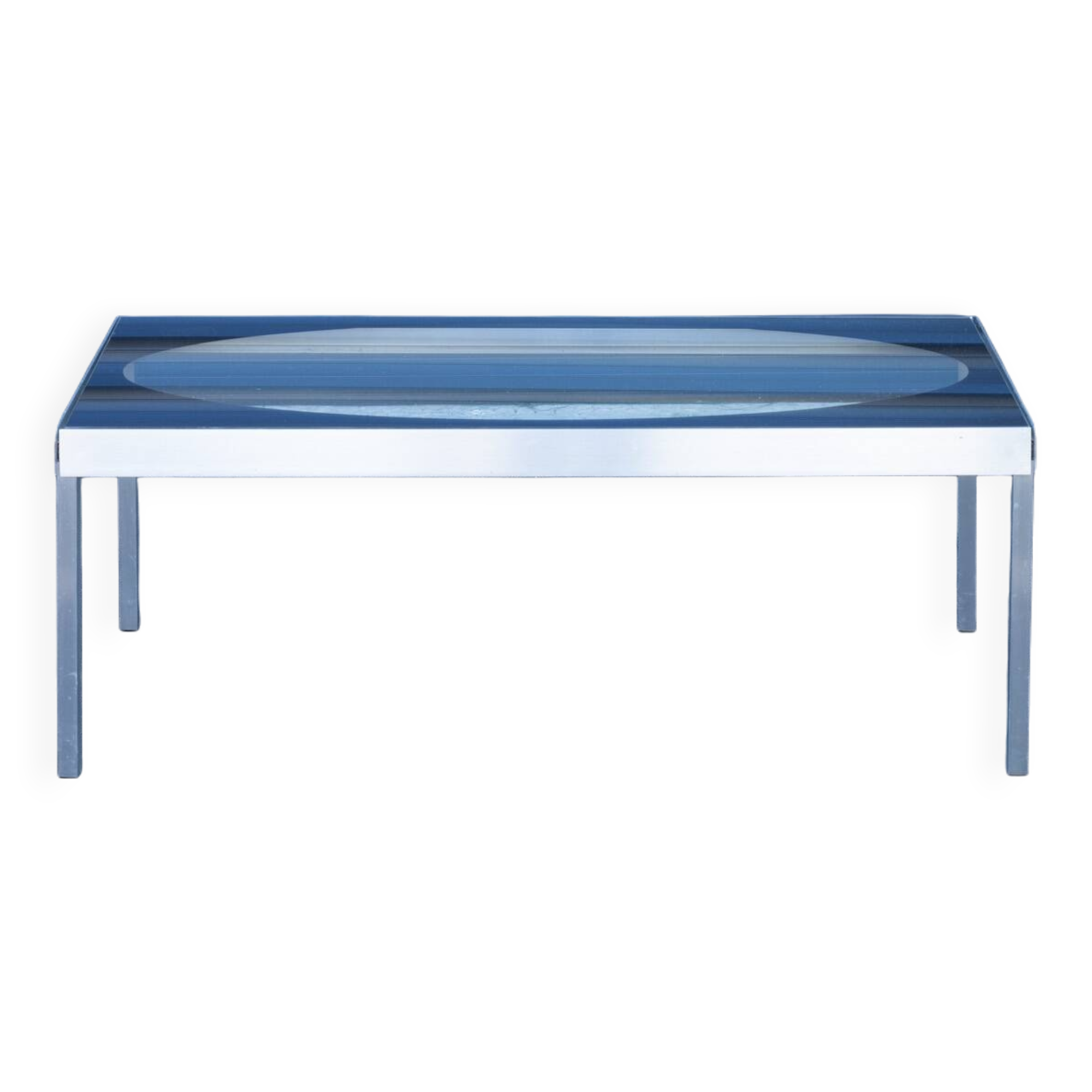 Glass coffee table with brushed aluminum legs, 1970