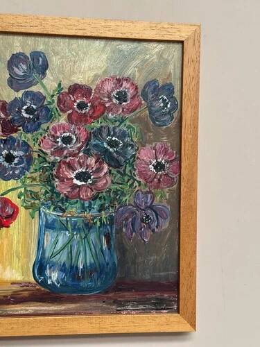 Original Swedish Oil on Panel “Flowers in Vase” Vintage & Framed 29 × 37cm