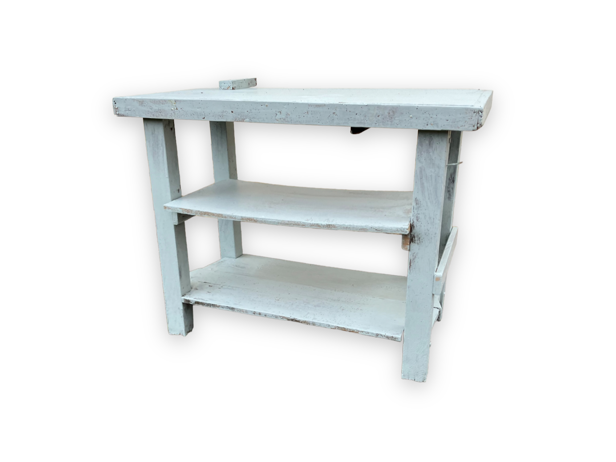 Light blue painted wooden workbench