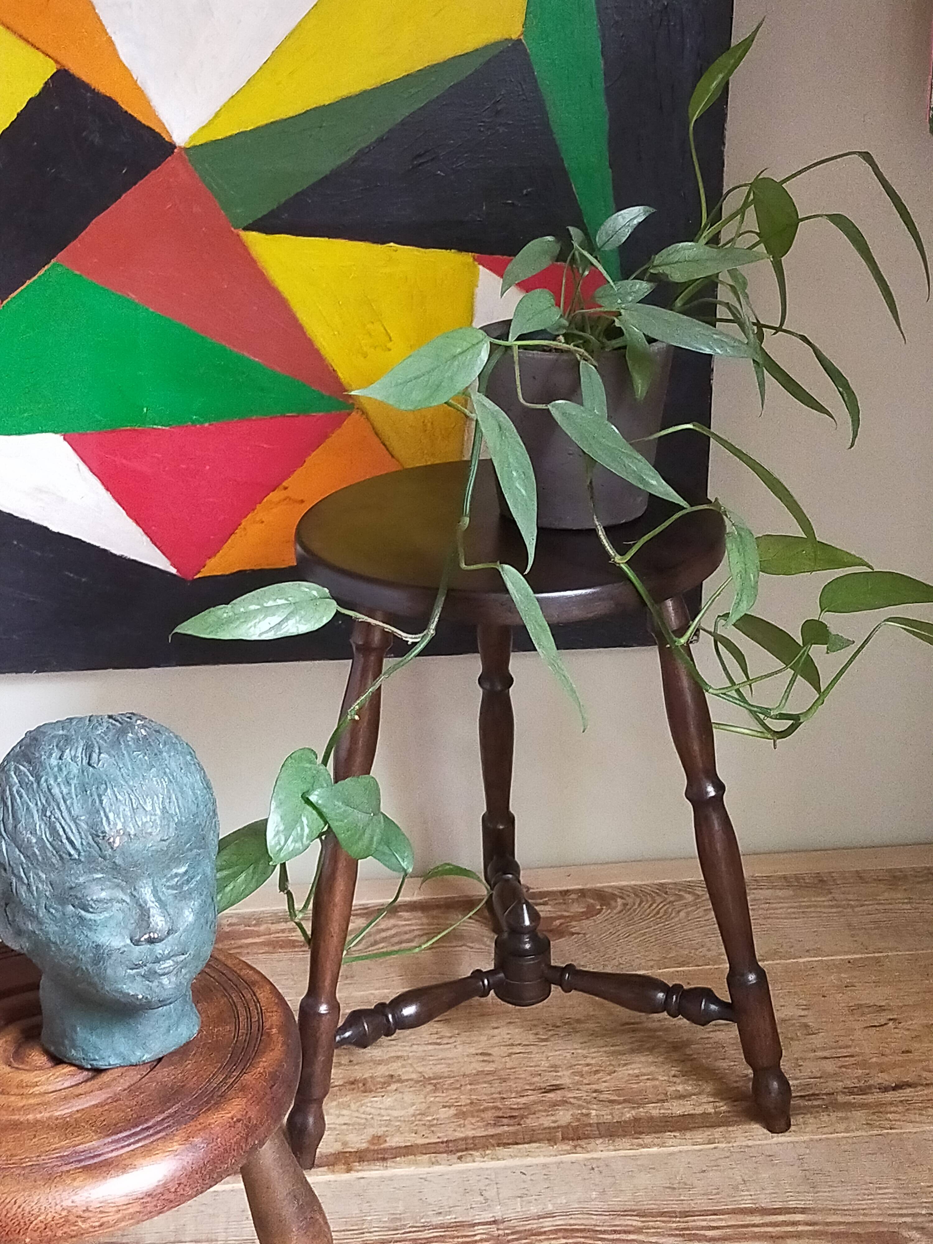 Vintage turned solid wood tripod stool