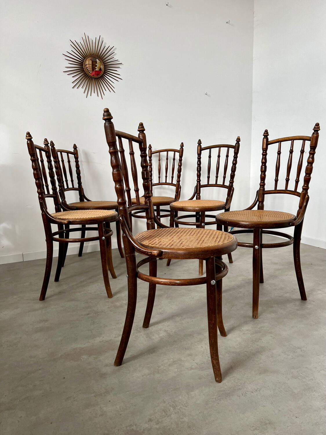 Lot 6 old vintage wooden bistro chairs brand Fischel early 20th century