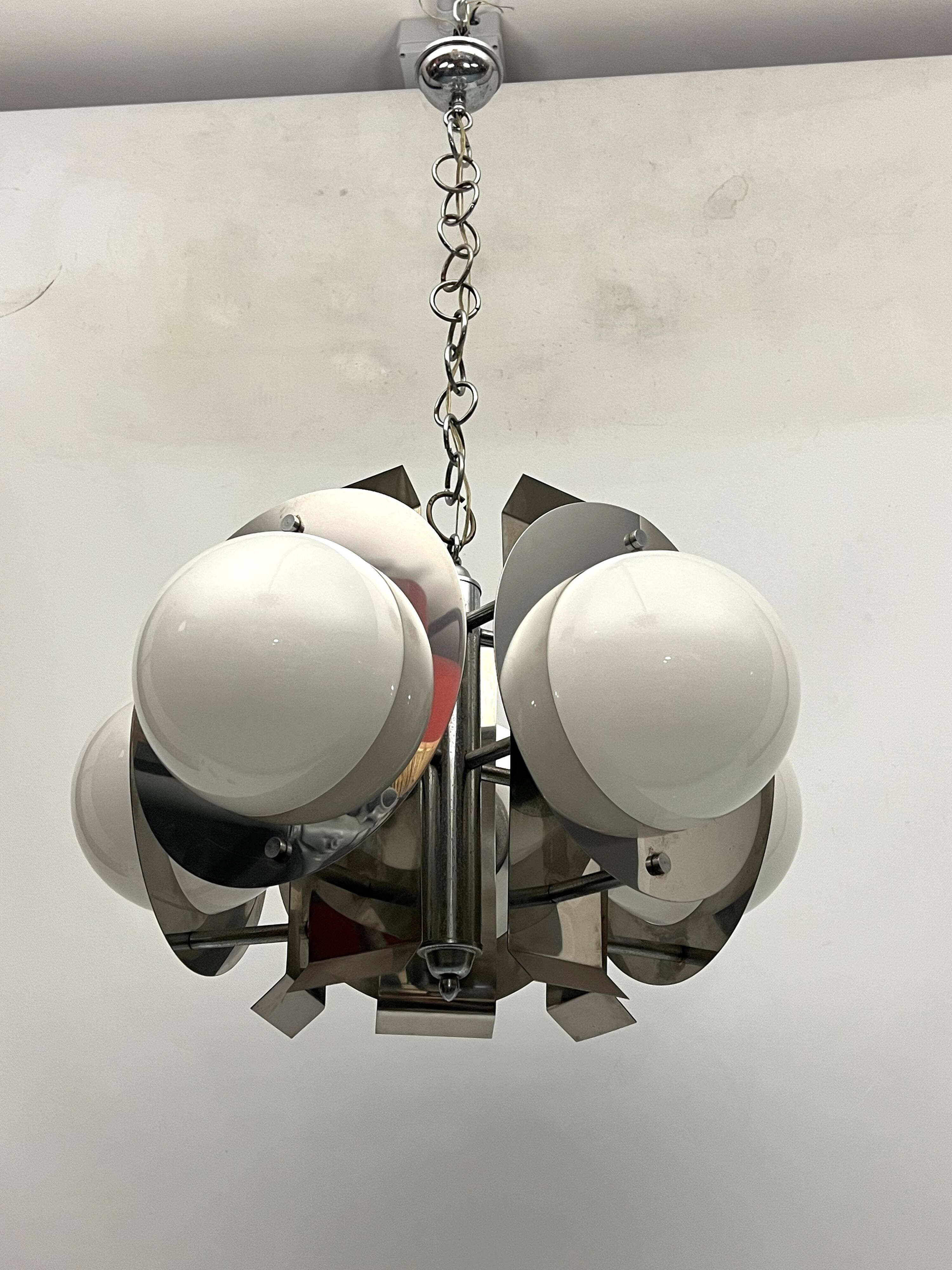 Space Age five lights chandelier in chrome and white glass. Italy 1970s