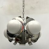Space Age five lights chandelier in chrome and white glass. Italy 1970s