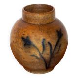Vase à fleurs en grès * vase vintage en poterie marron avec motif floral bleu peint à la main * milieu du siècle