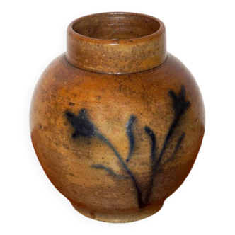 Stoneware flower vase * vintage brown pottery vase with hand-painted blue floral design *  mid-centu