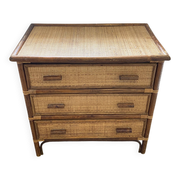 Vintage 1970s bamboo rattan 3-drawer chest of drawers.
