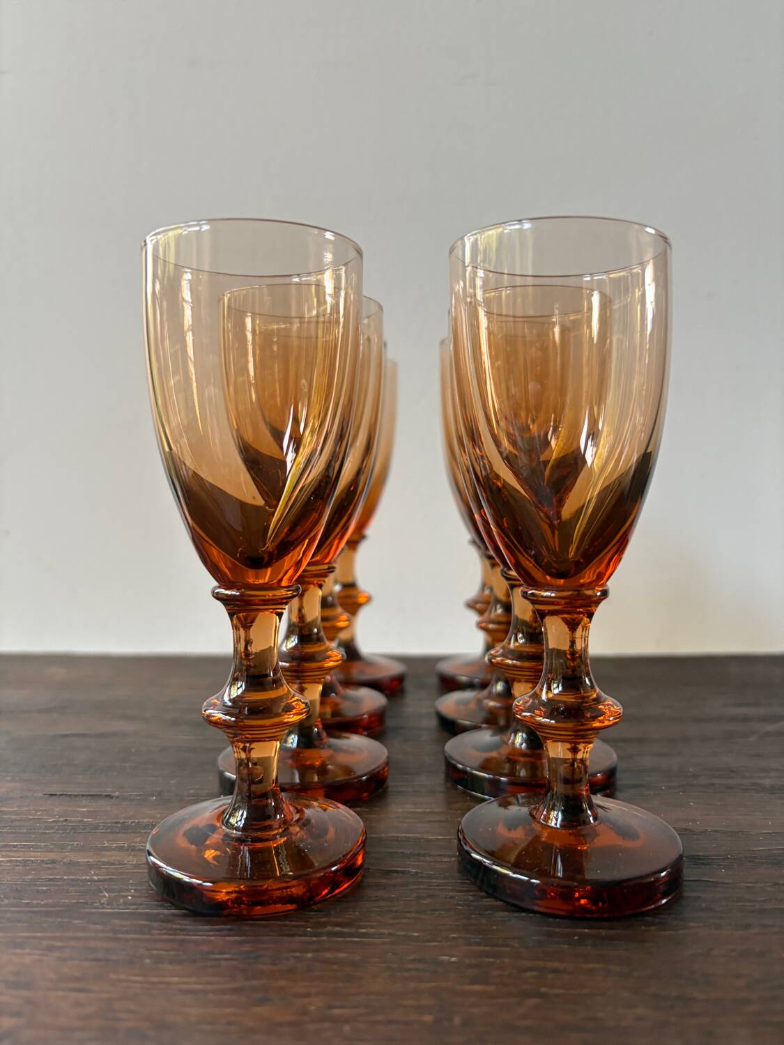 Set of 8 vintage amber portieux crystal glasses from the 70s