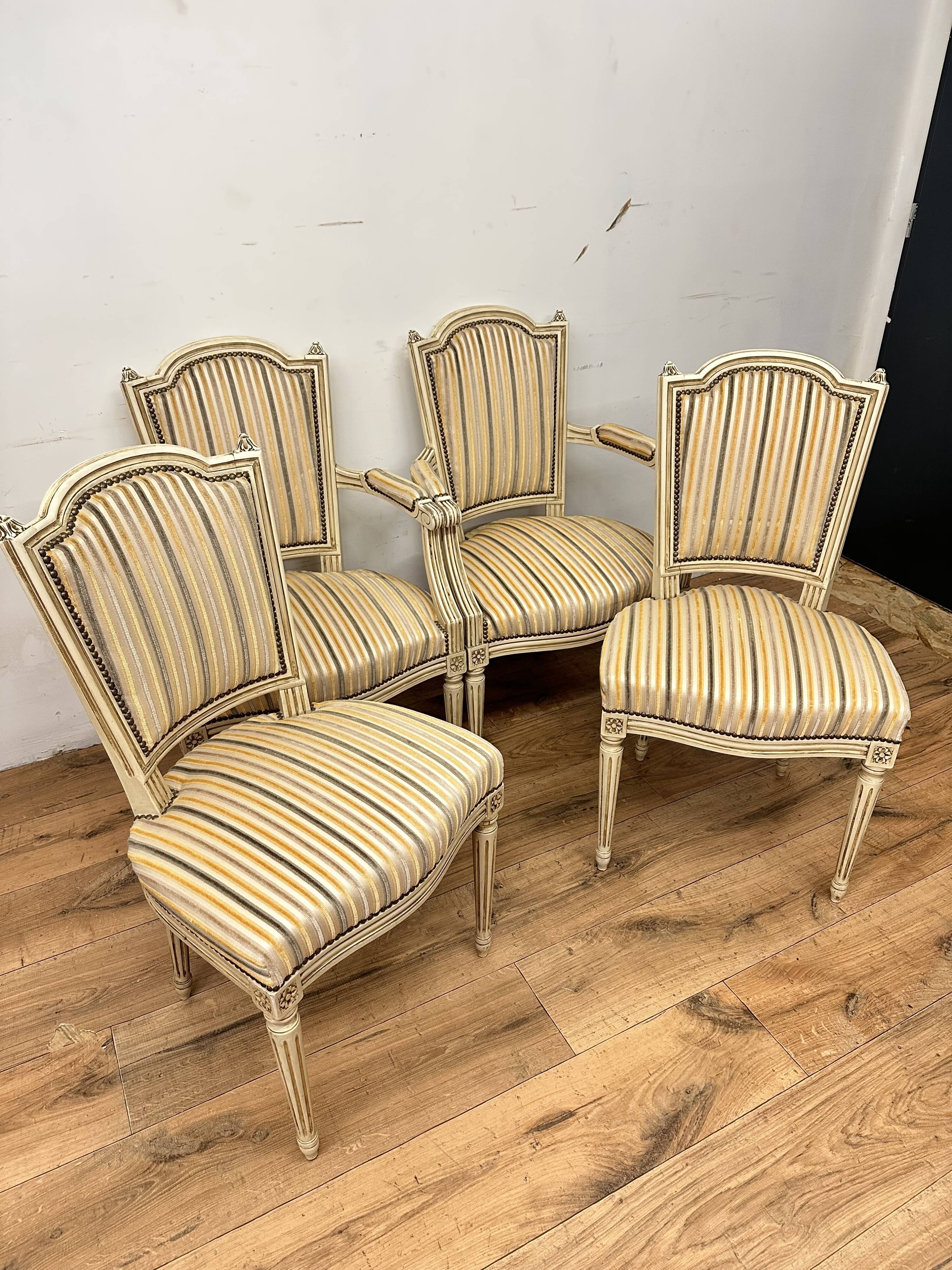 2 convertible armchairs and 2 Louis XVI style chairs