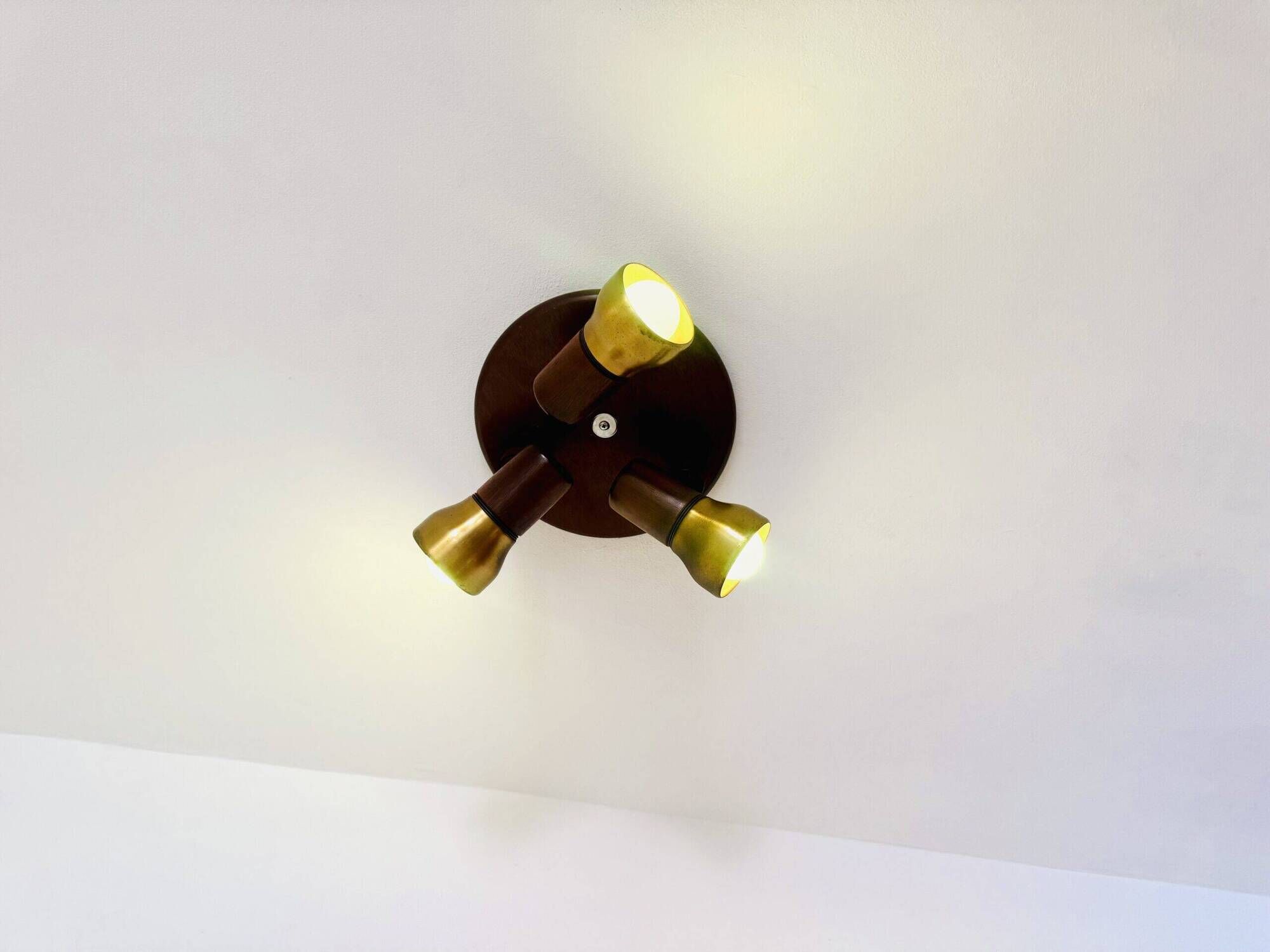 Model 837 Trio-Light Adjustable Ceiling Lamp In Wood And Brass By Temde Leuchten, Switzerland 1960S