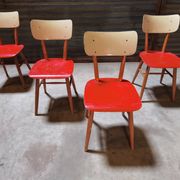 Set of 4 red wooden chairs published by Ton, 60s