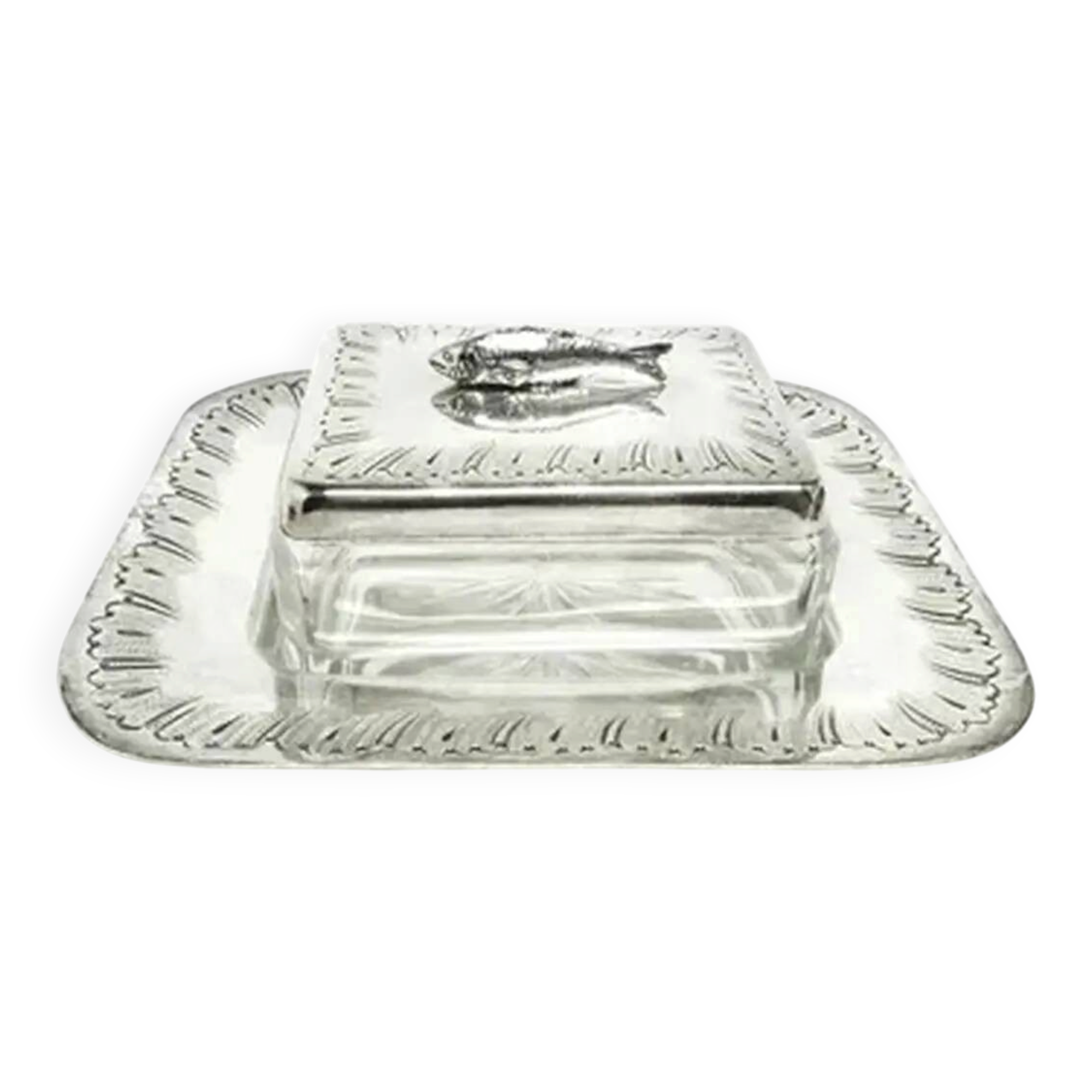 Art deco sardine container, silver-plated brass, crystal, belgium, 1930s