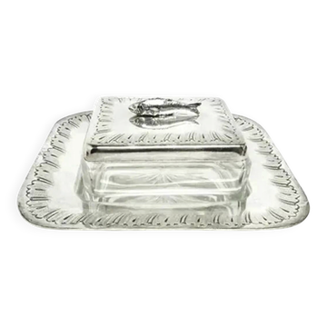 Art deco sardine container, silver-plated brass, crystal, belgium, 1930s
