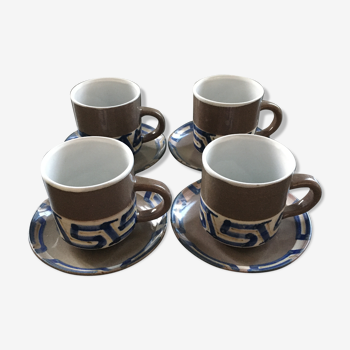 Lot 4 mugs et soucoupes grès brun décor bleu