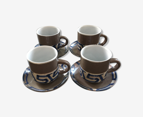 Lot 4 mugs et soucoupes grès brun décor bleu