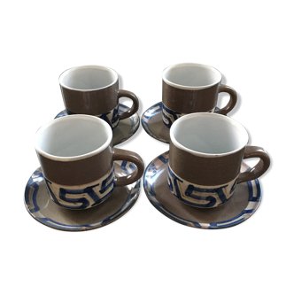 Lot 4 mugs et soucoupes grès brun décor bleu