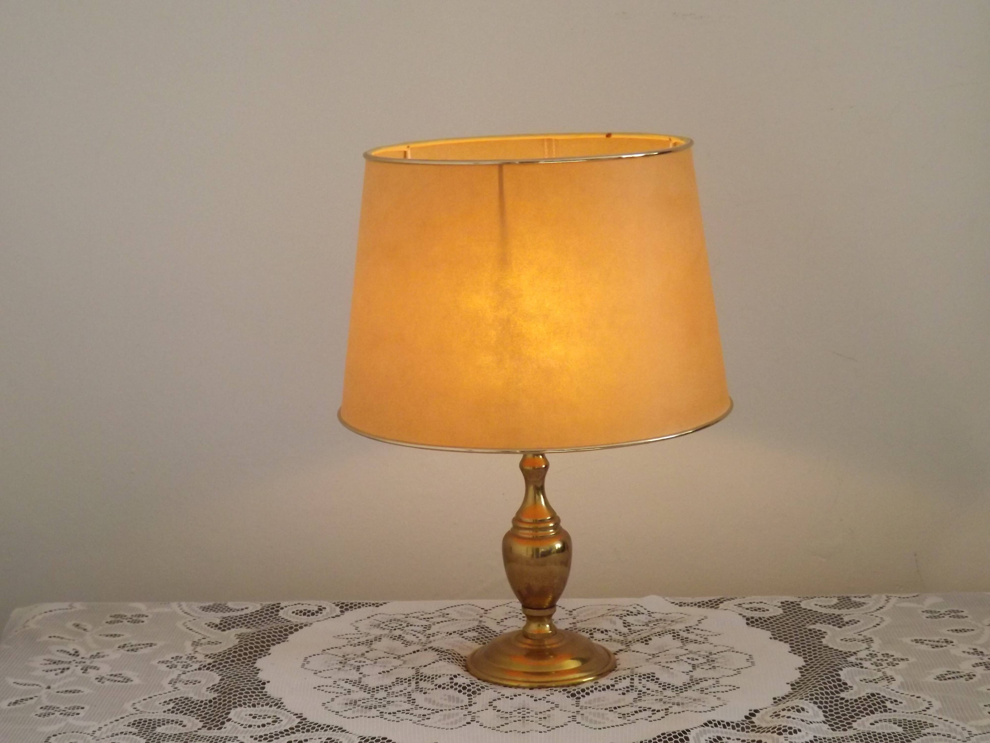 Vintage French Round Brass Table Lamp With Beige and Gold Shade