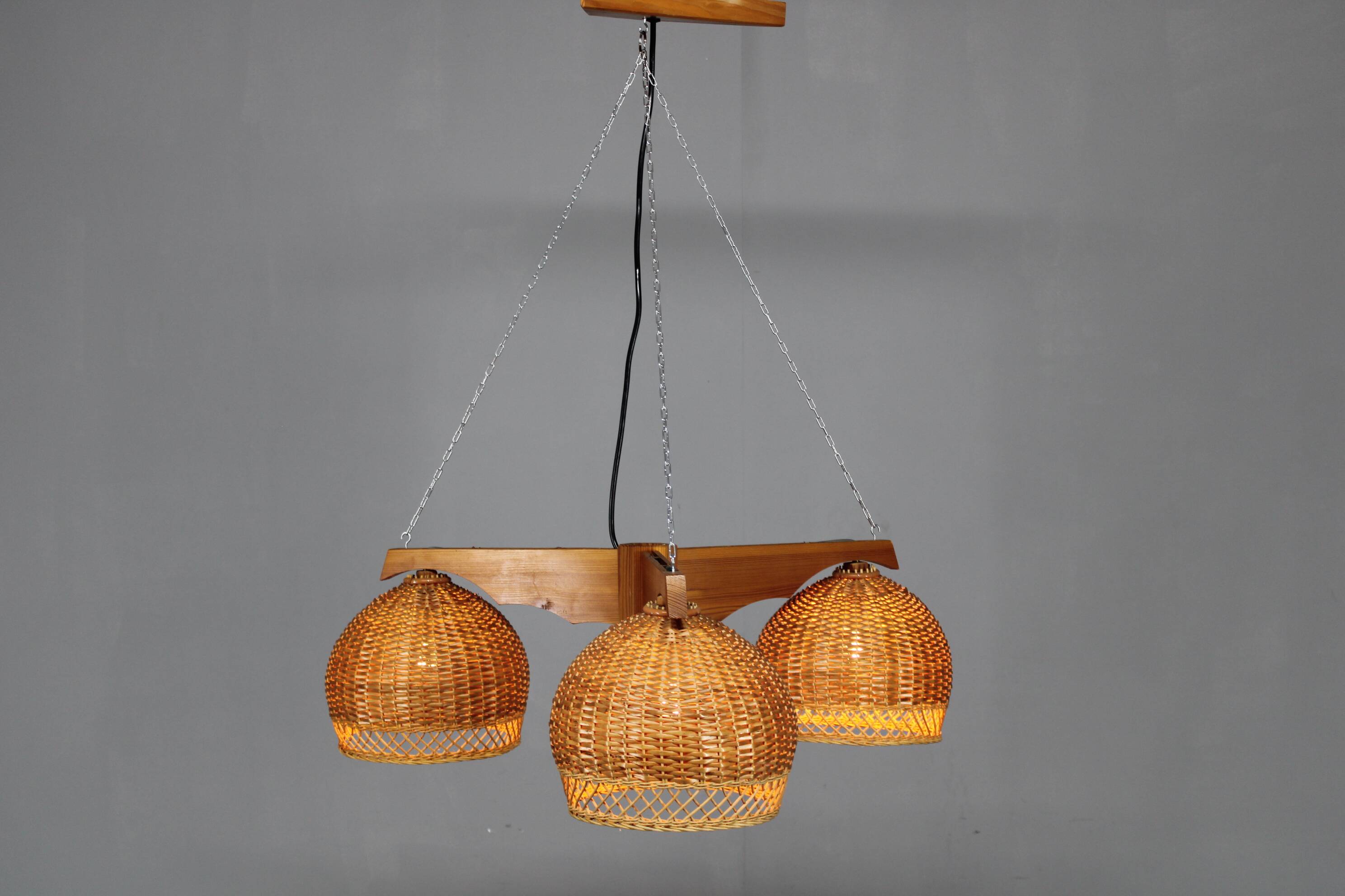 1970s Czechoslovakian rattan & pine pendant light, three-shade chandelier